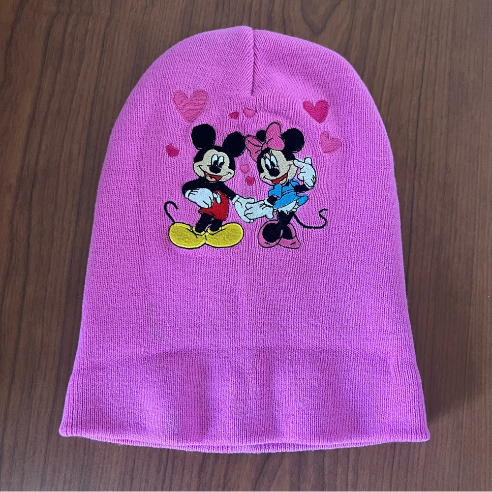 Disney Mickey & Minnie Mouse Pink Acrylic Beanie Hat with Embroidered Hearts Kid
